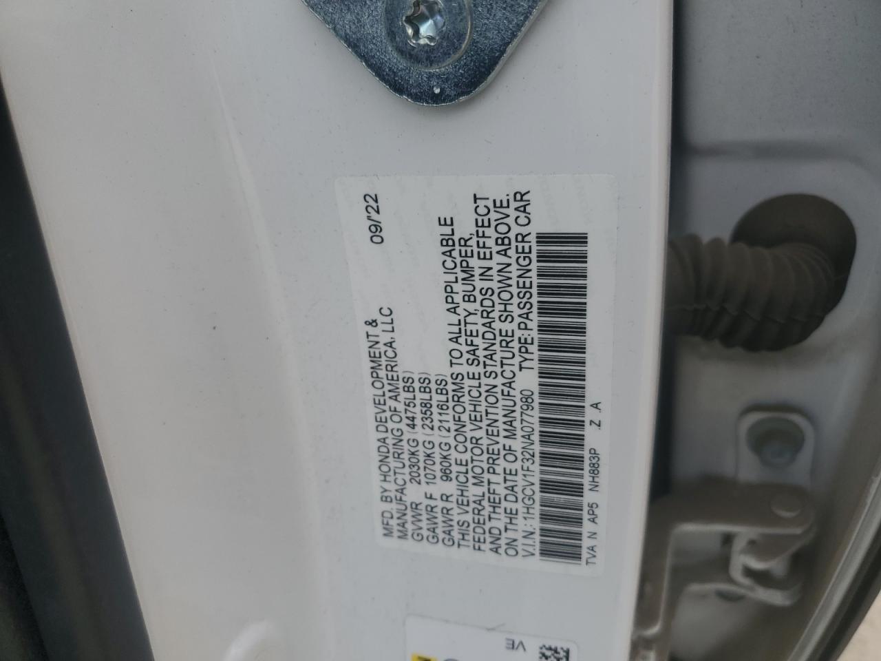 2022 Honda Accord Sport VIN: 1HGCV1F32NA077980 Lot: 67599395