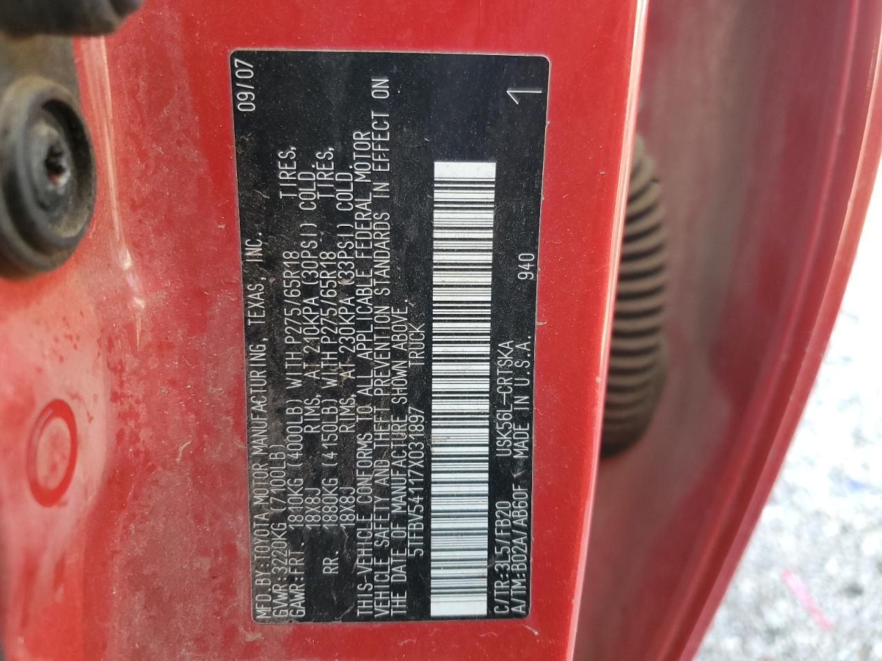 2007 Toyota Tundra Double Cab Sr5 VIN: 5TFBV54117X031897 Lot: 71076585