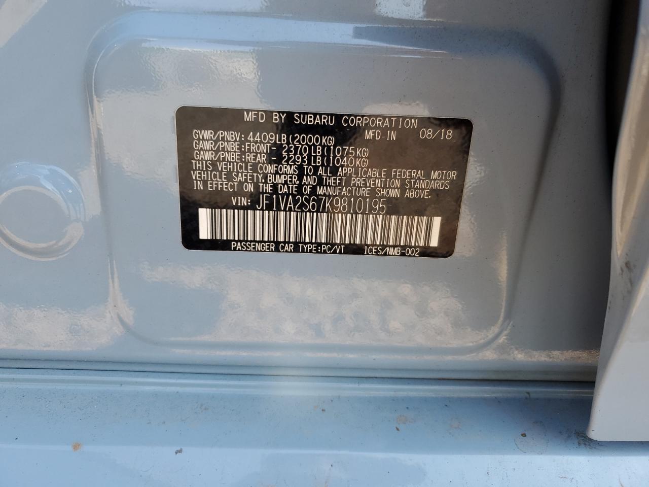 2019 Subaru Wrx Sti VIN: JF1VA2S67K9810195 Lot: 81148535