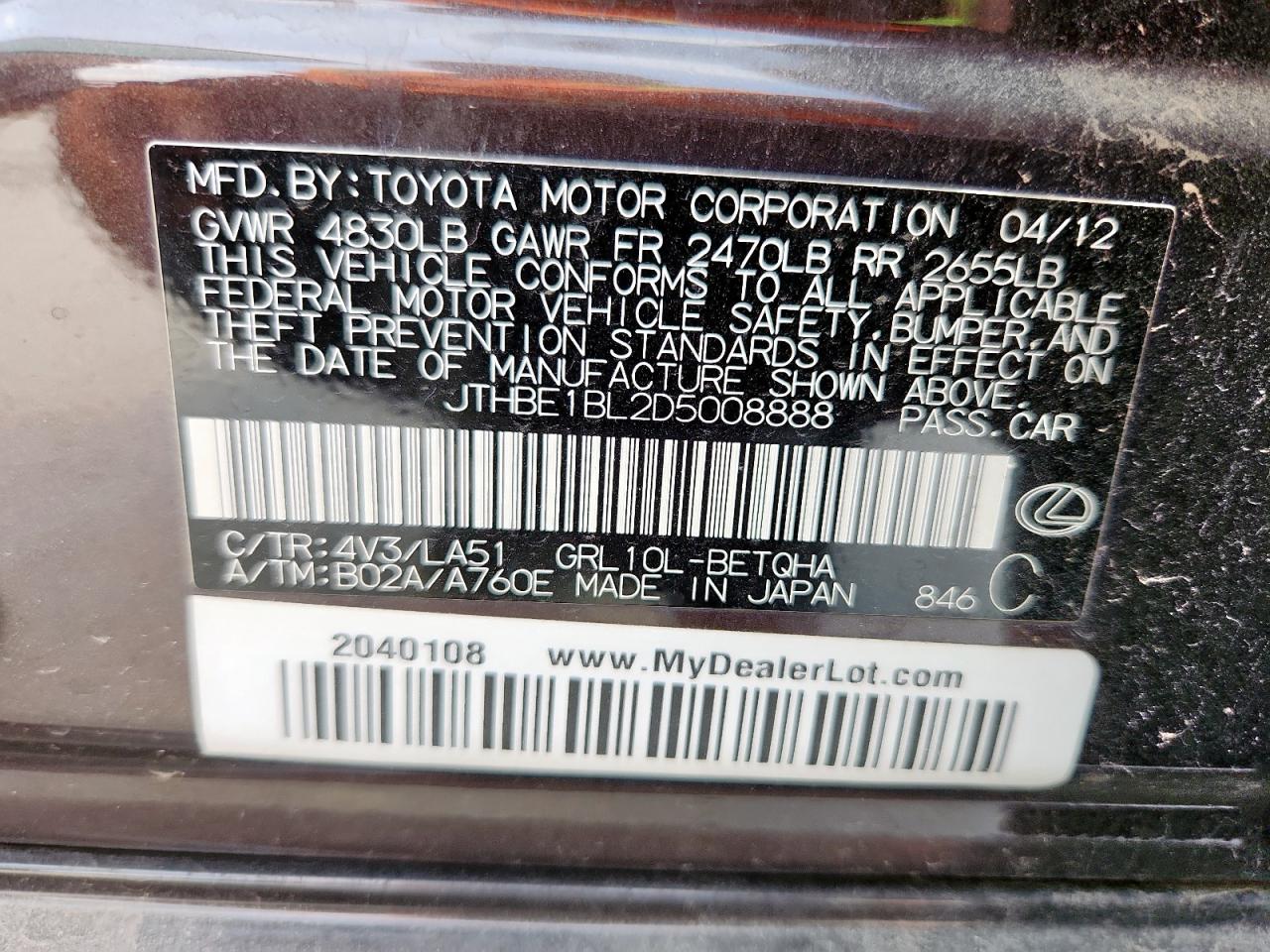 2013 Lexus Gs 350 VIN: JTHBE1BL2D5008888 Lot: 81142585