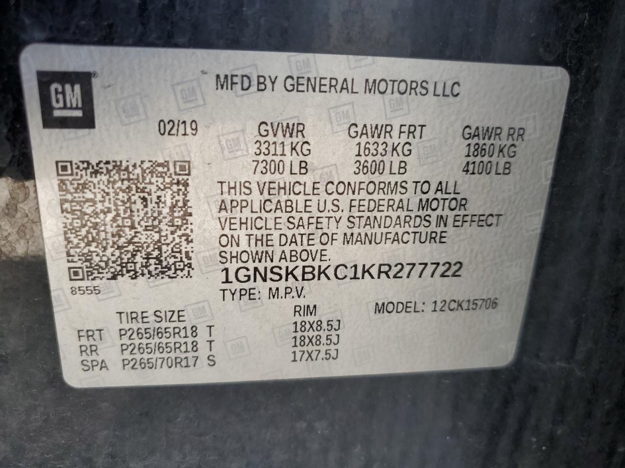 2019 Chevrolet Tahoe K1500 Lt VIN: 1GNSKBKC1KR277722 Lot: 71025845