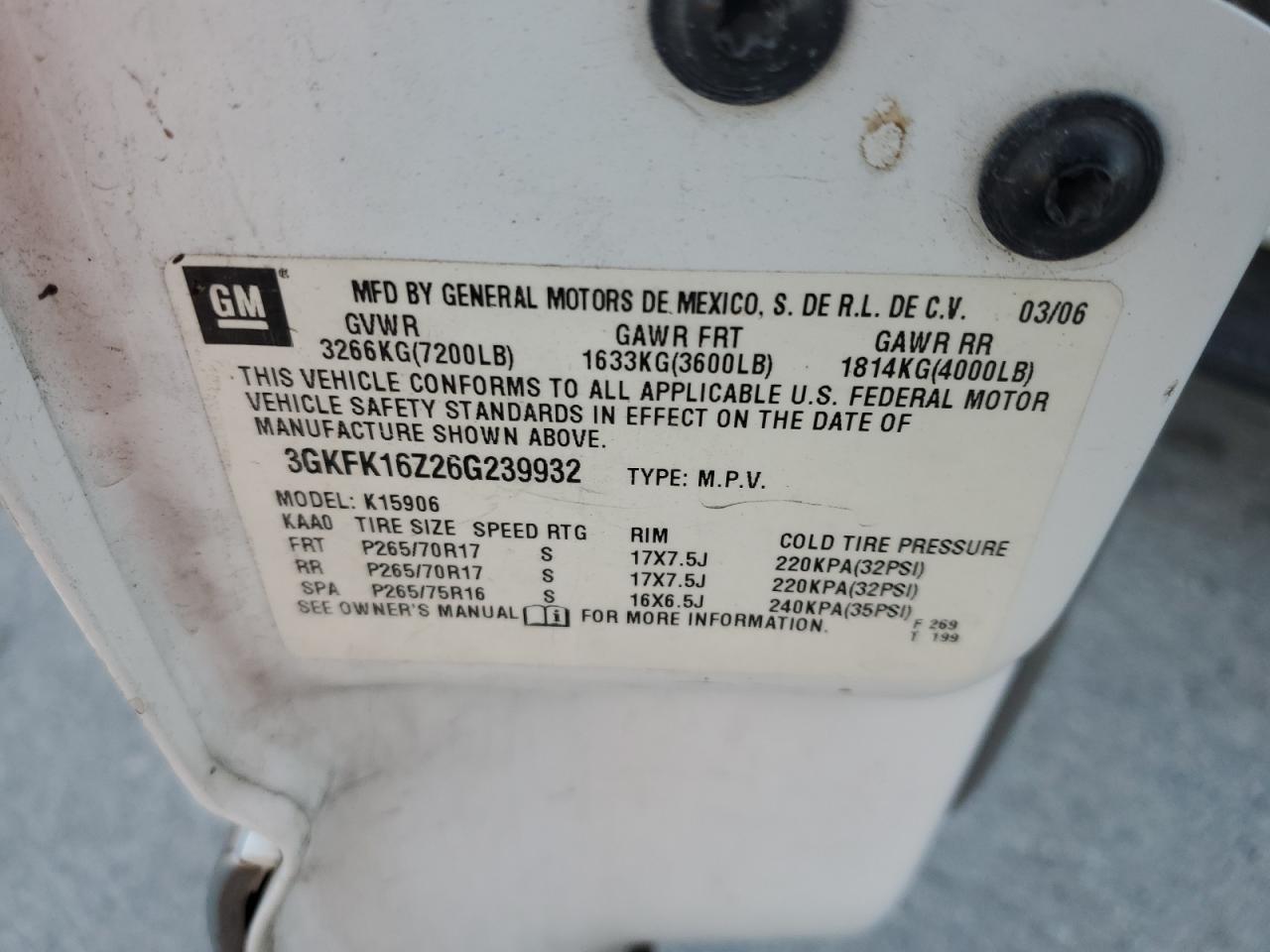 2006 GMC Yukon Xl K1500 VIN: 3GKFK16Z26G239932 Lot: 80266815
