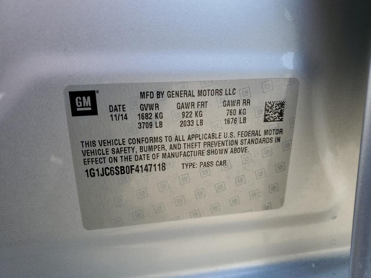 2015 Chevrolet Sonic Lt VIN: 1G1JC6SB0F4147118 Lot: 71636545