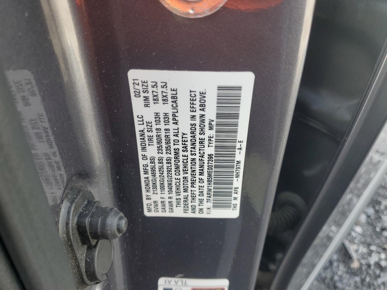 2021 Honda Cr-V Exl VIN: 7FARW1H85ME007396 Lot: 71801045