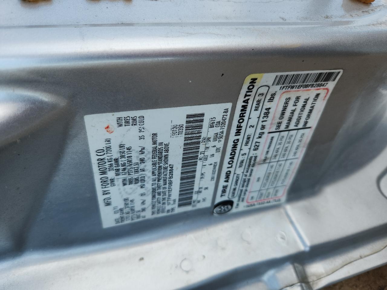 2011 Ford F150 Supercrew VIN: 1FTFW1EF0BFB28847 Lot: 71720485