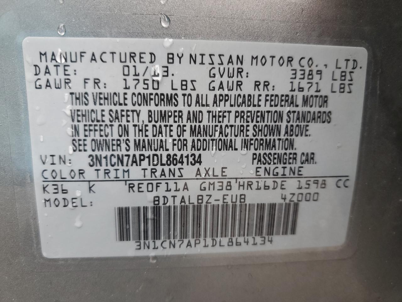 2013 Nissan Versa S VIN: 3N1CN7AP1DL864134 Lot: 80653055