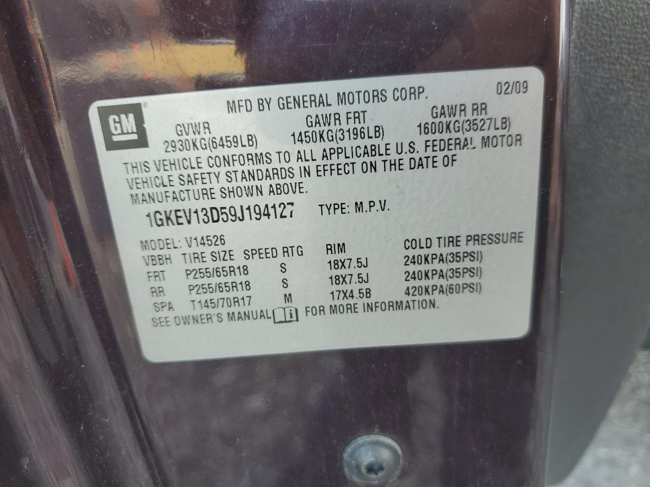 2009 GMC Acadia Sle VIN: 1GKEV13D59J194127 Lot: 81827895