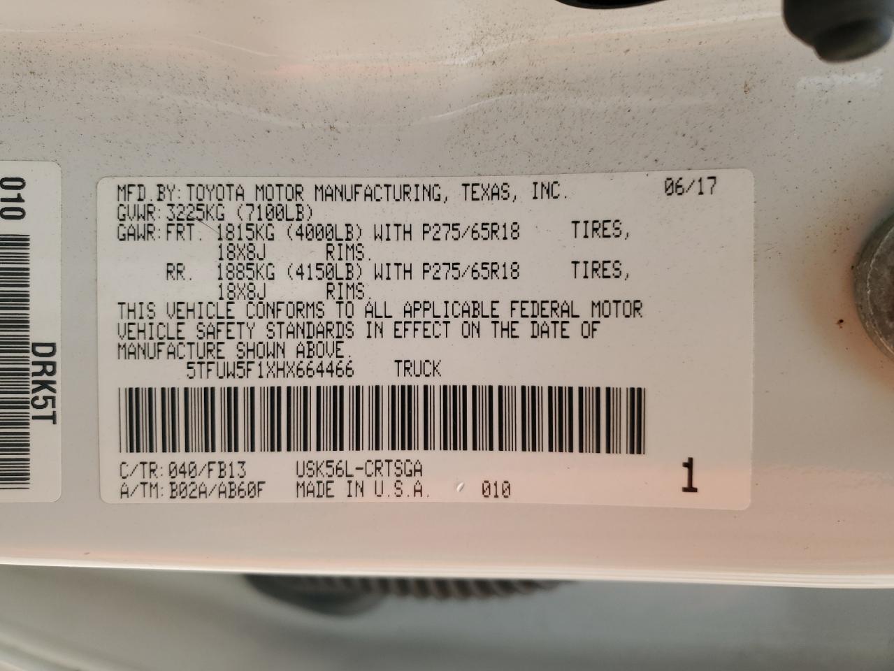 2017 Toyota Tundra Double Cab Sr VIN: 5TFUW5F1XHX664466 Lot: 71793585