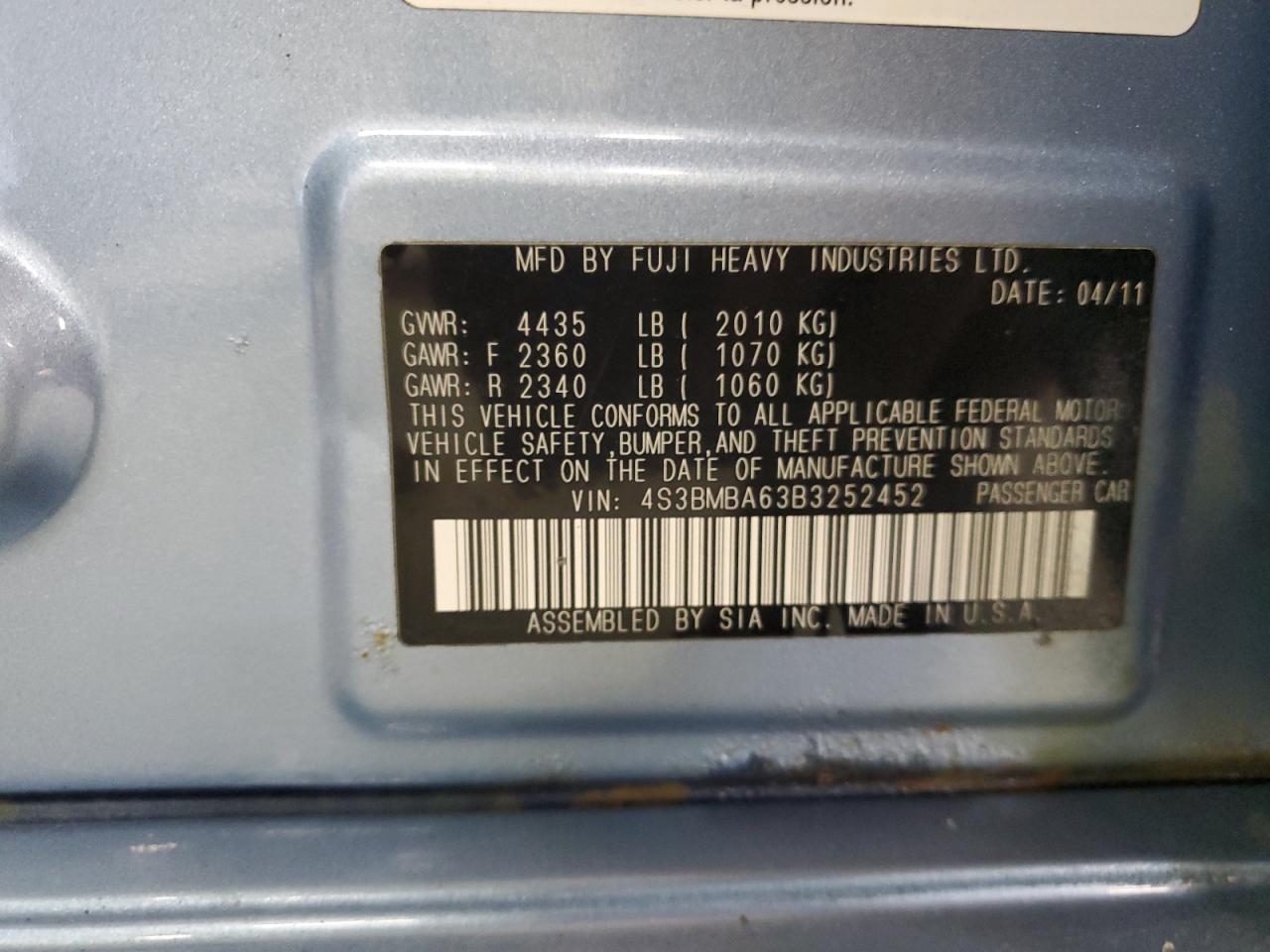 2011 Subaru Legacy 2.5I VIN: 4S3BMBA63B3252452 Lot: 82026925