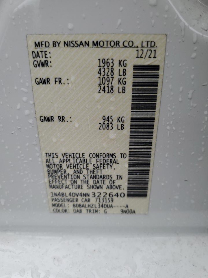 2022 Nissan Altima Sv VIN: 1N4BL4DV4NN322640 Lot: 81485095