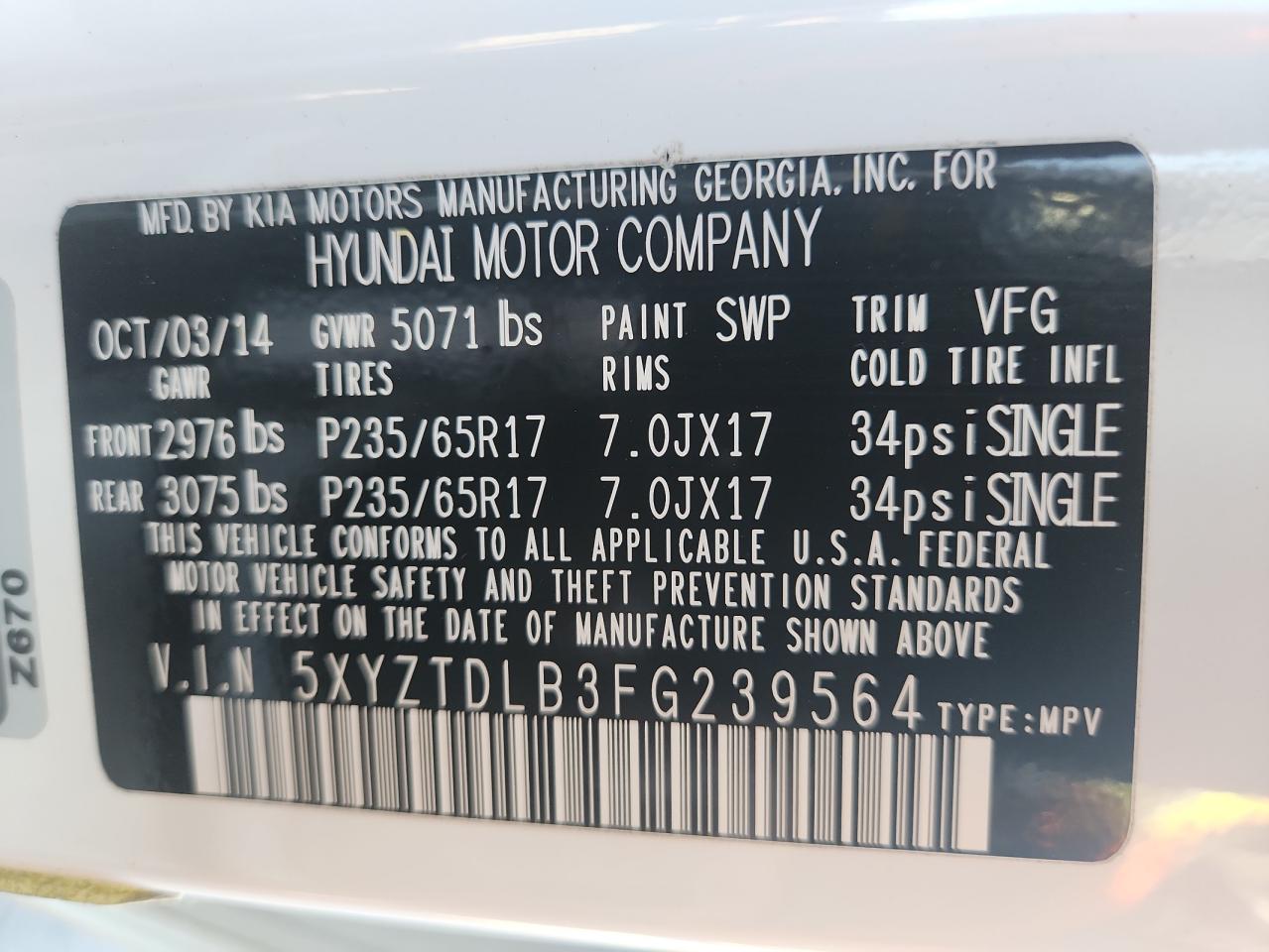 2015 Hyundai Santa Fe Sport VIN: 5XYZTDLB3FG239564 Lot: 84286645