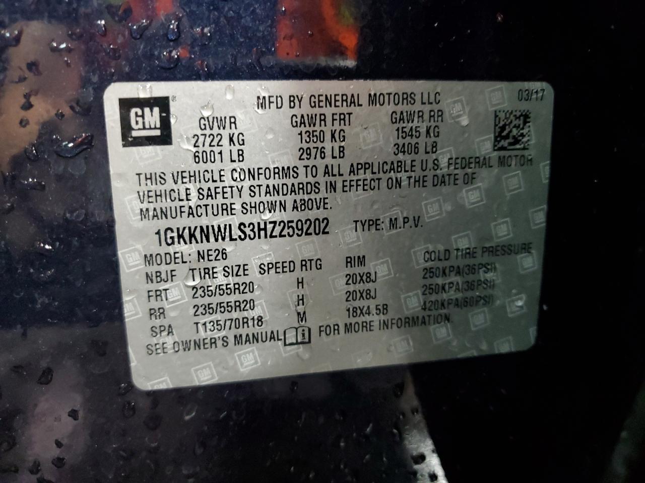 2017 GMC Acadia Slt-2 VIN: 1GKKNWLS3HZ259202 Lot: 81040565