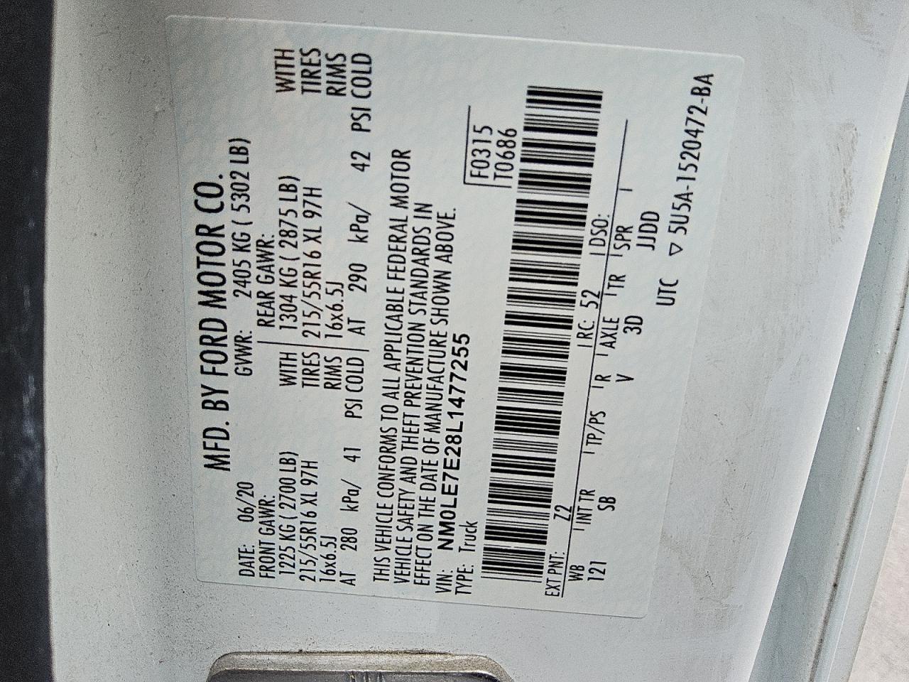 2020 Ford Transit Connect Xl VIN: NM0LE7E28L1477255 Lot: 71982285