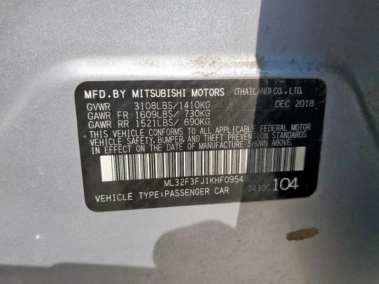 2019 Mitsubishi Mirage G4 Es VIN: ML32F3FJ1KHF09548 Lot: 80891485