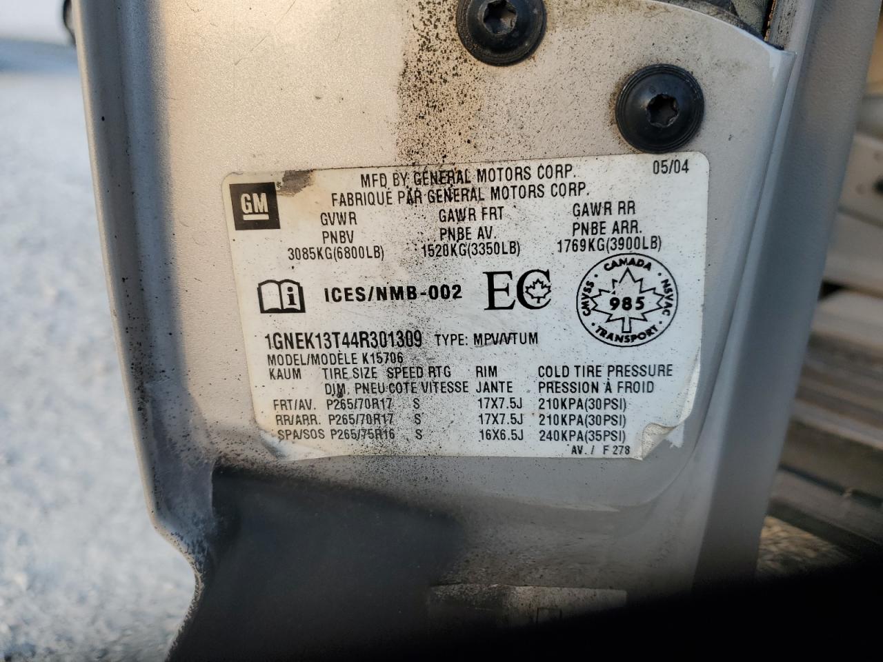 2004 Chevrolet Tahoe K1500 VIN: 1GNEK13T44R301309 Lot: 81004815