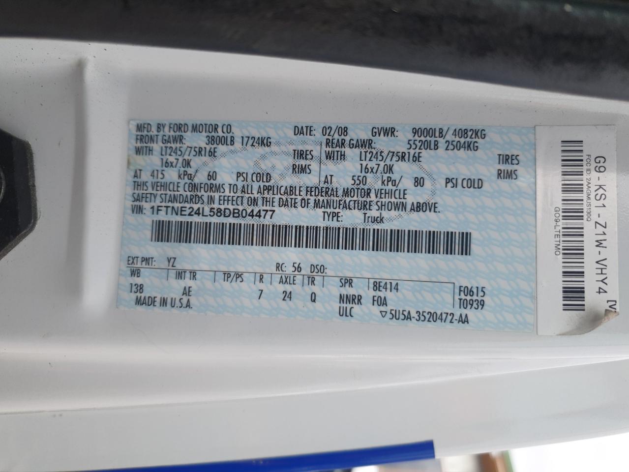 2008 Ford Econoline E250 Van VIN: 1FTNE24L58DB04477 Lot: 82148775