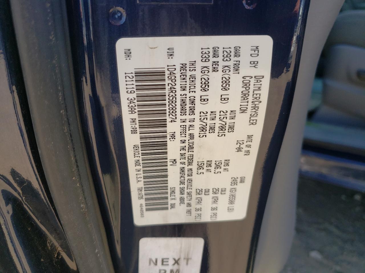 2005 Dodge Grand Caravan Se VIN: 1D4GP24R35B289274 Lot: 80197155