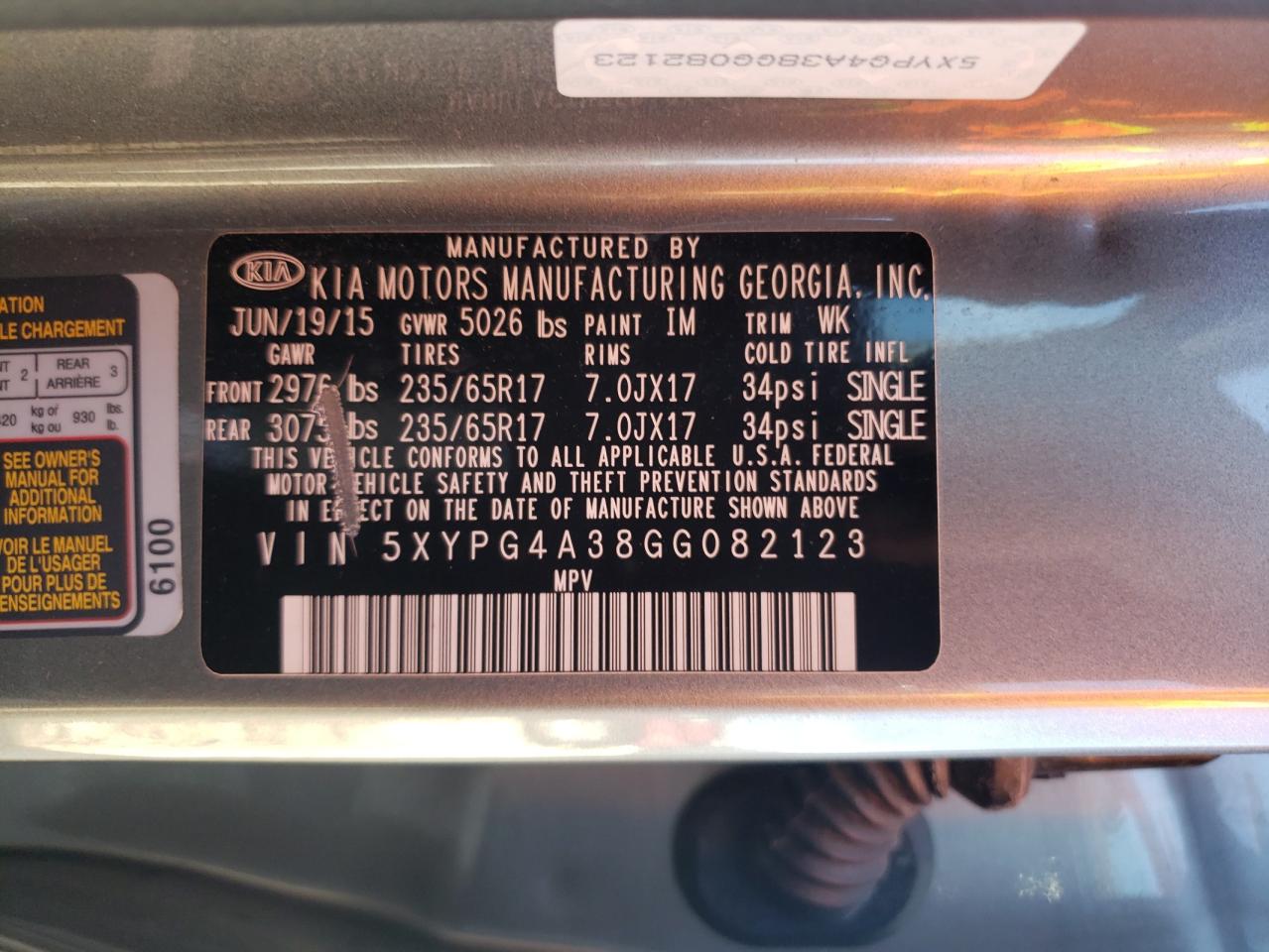 2016 Kia Sorento Lx VIN: 5XYPG4A38GG082123 Lot: 80190705