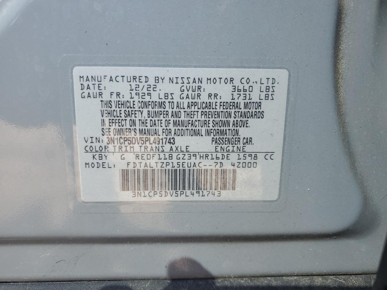 2023 Nissan Kicks Sr VIN: 3N1CP5DV5PL491743 Lot: 80470365