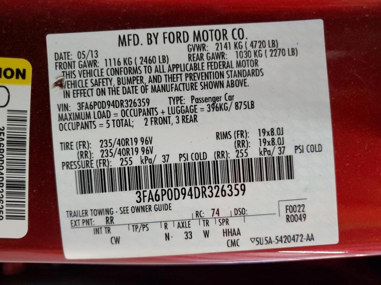 2013 Ford Fusion Titanium VIN: 3FA6P0D94DR326359 Lot: 84647035