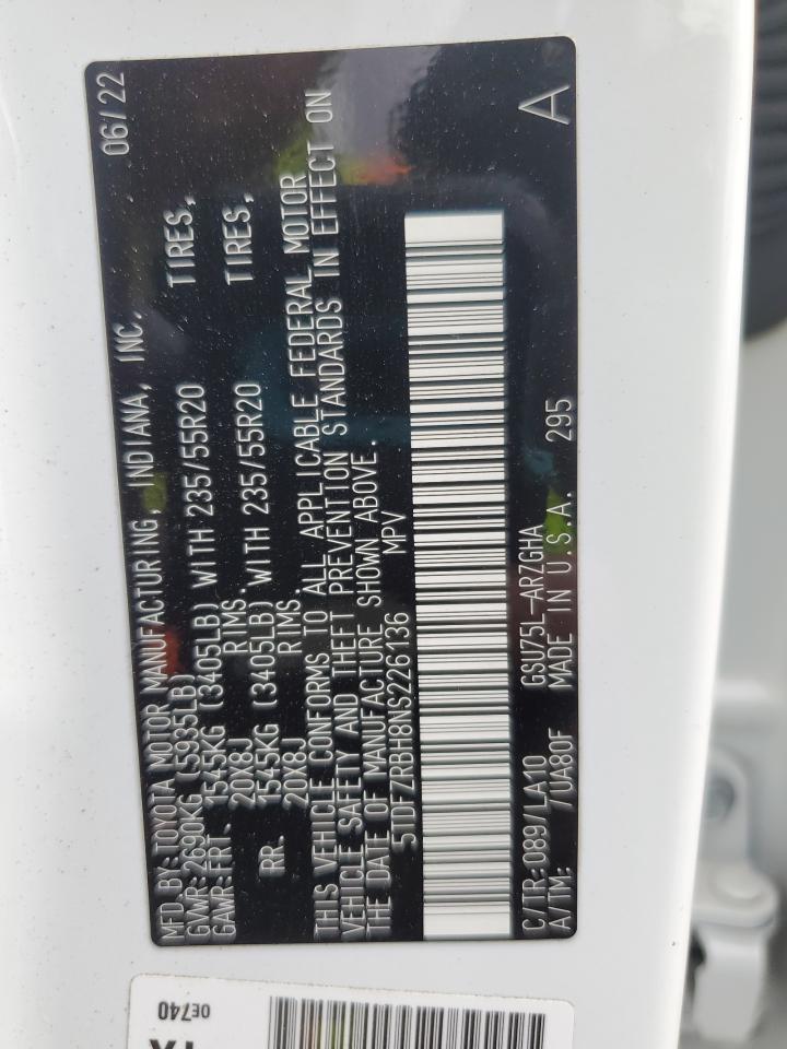 2022 Toyota Highlander Platinum VIN: 5TDFZRBH8NS226136 Lot: 85089425