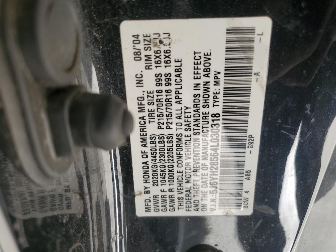 2004 Honda Element Ex VIN: 5J6YH28564L030318 Lot: 84522525