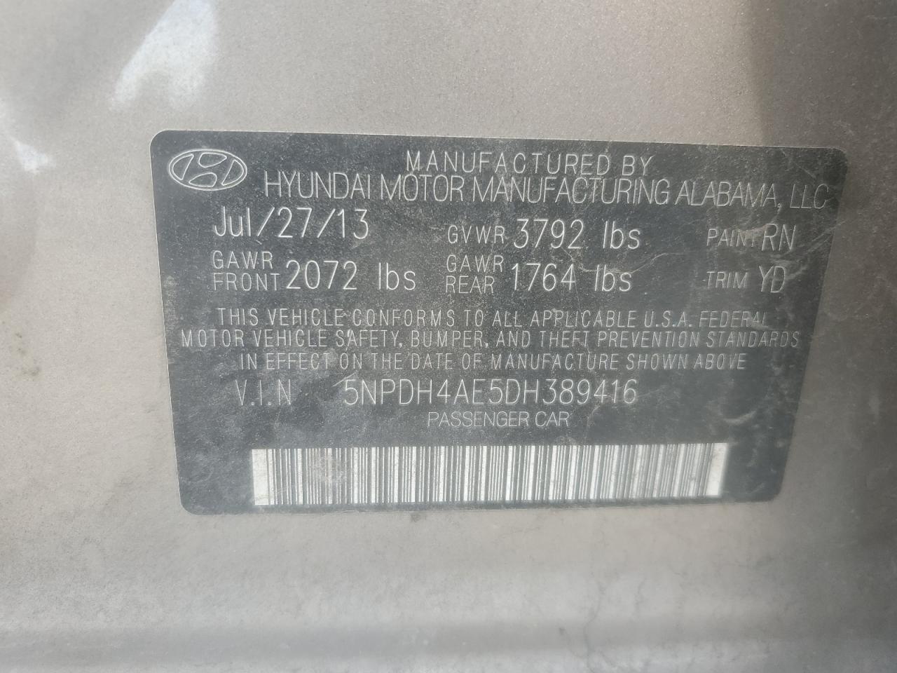 2013 Hyundai Elantra Gls VIN: 5NPDH4AE5DH389416 Lot: 81777665