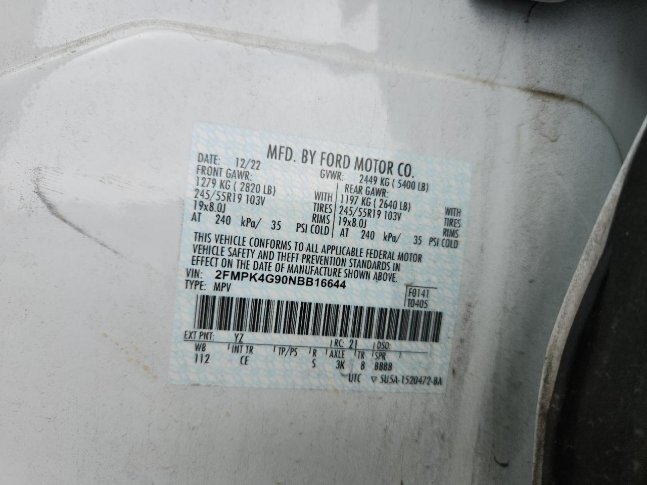 2022 Ford Edge Se VIN: 2FMPK4G90NBB16644 Lot: 80696675