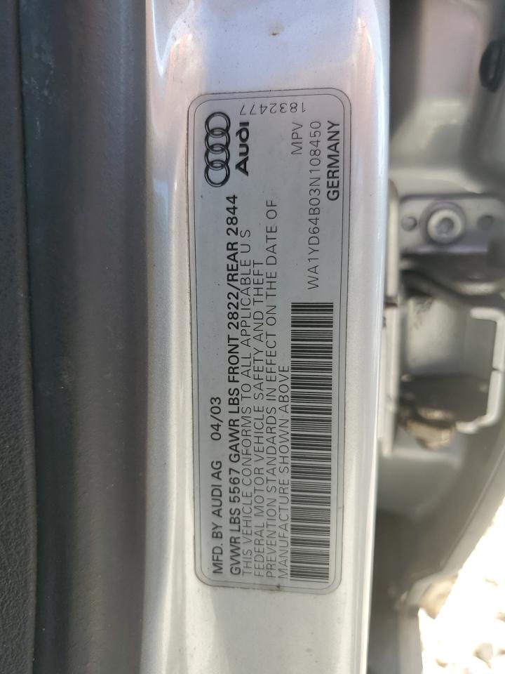 2003 Audi Allroad VIN: WA1YD64B03N108450 Lot: 84055235