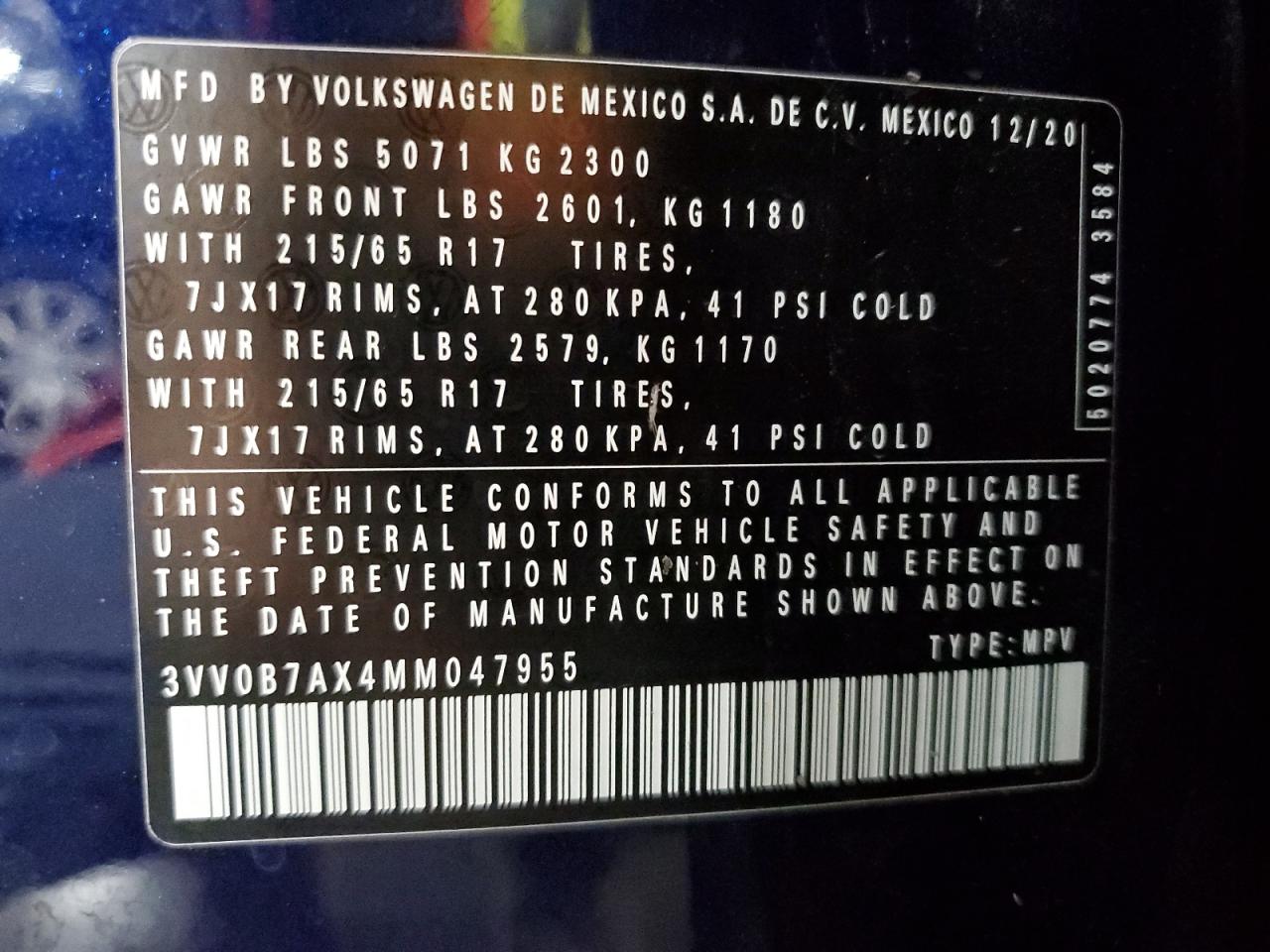 2021 Volkswagen Tiguan S VIN: 3VV0B7AX4MM047955 Lot: 68452645