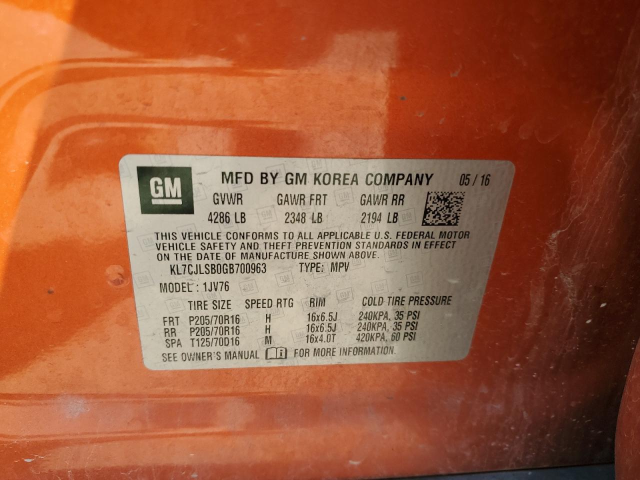 2016 Chevrolet Trax 1Lt VIN: KL7CJLSB0GB700963 Lot: 80135285