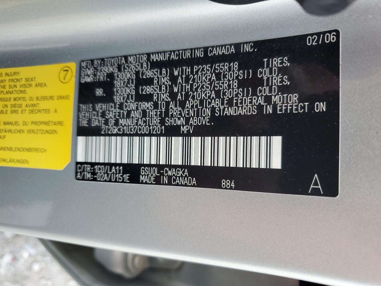 2007 Lexus Rx 350 VIN: 2T2GK31U37C001201 Lot: 81669645