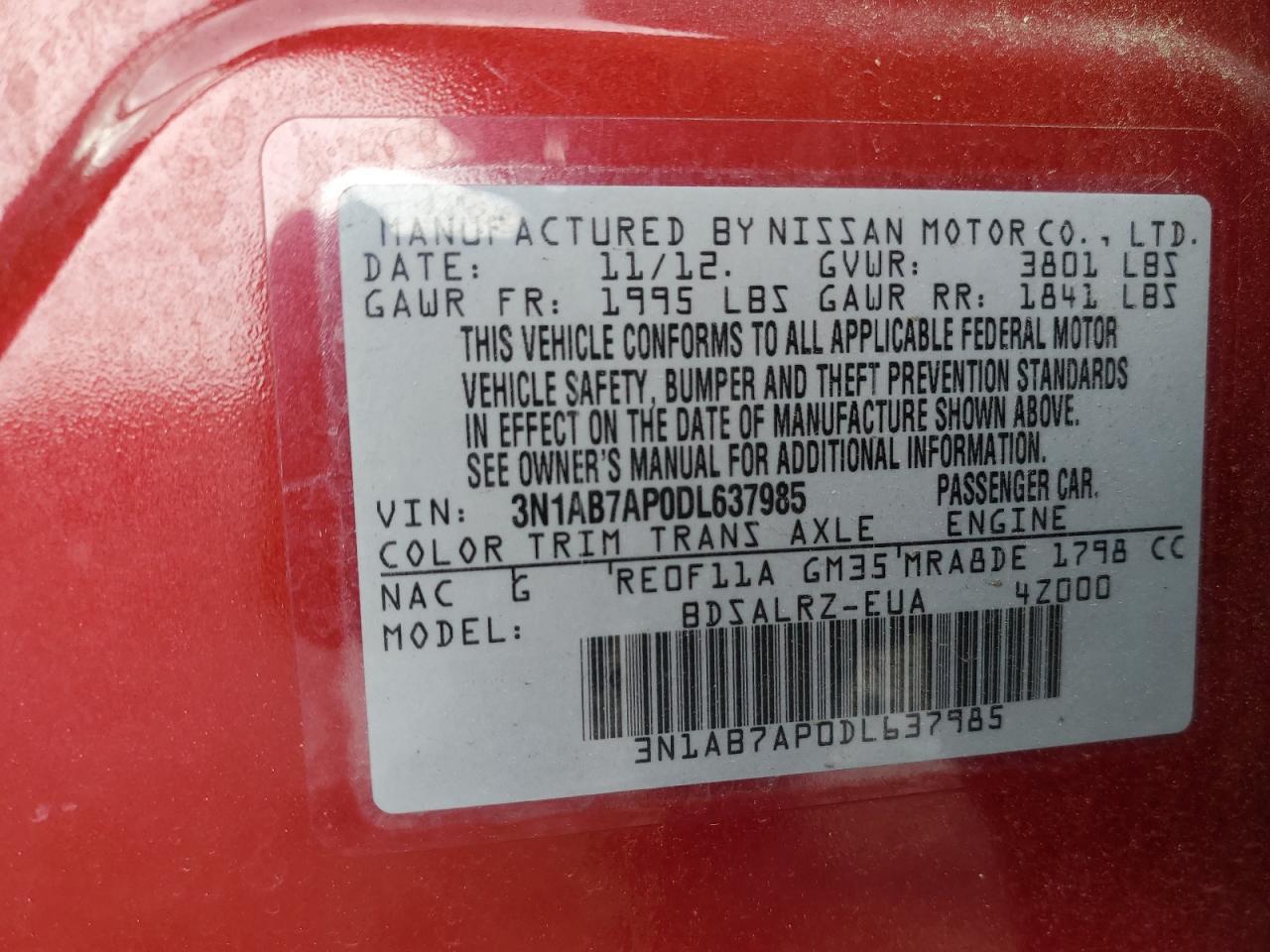 2013 Nissan Sentra S VIN: 3N1AB7AP0DL637985 Lot: 71481515