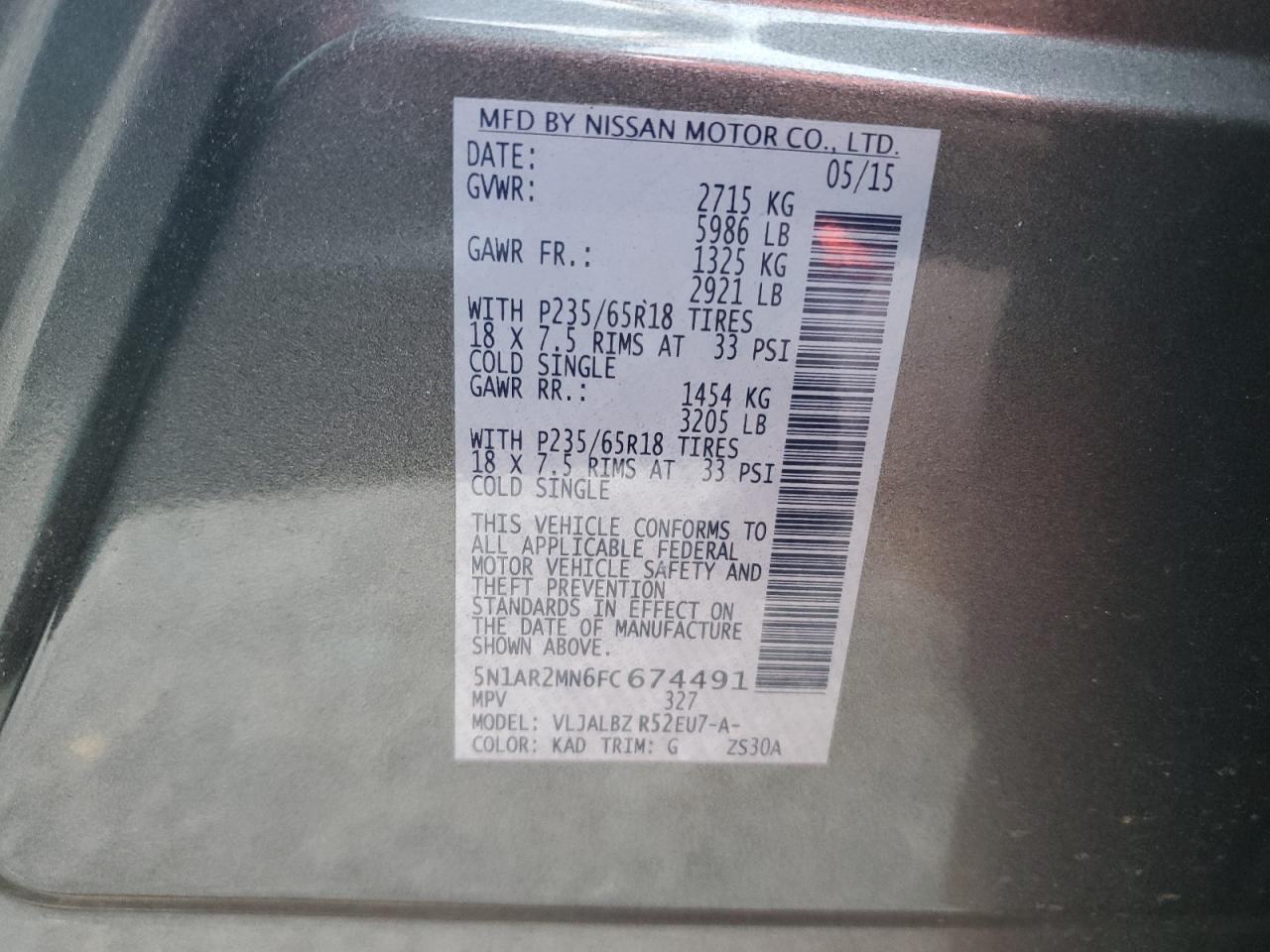 2015 Nissan Pathfinder S VIN: 5N1AR2MN6FC674491 Lot: 71614895