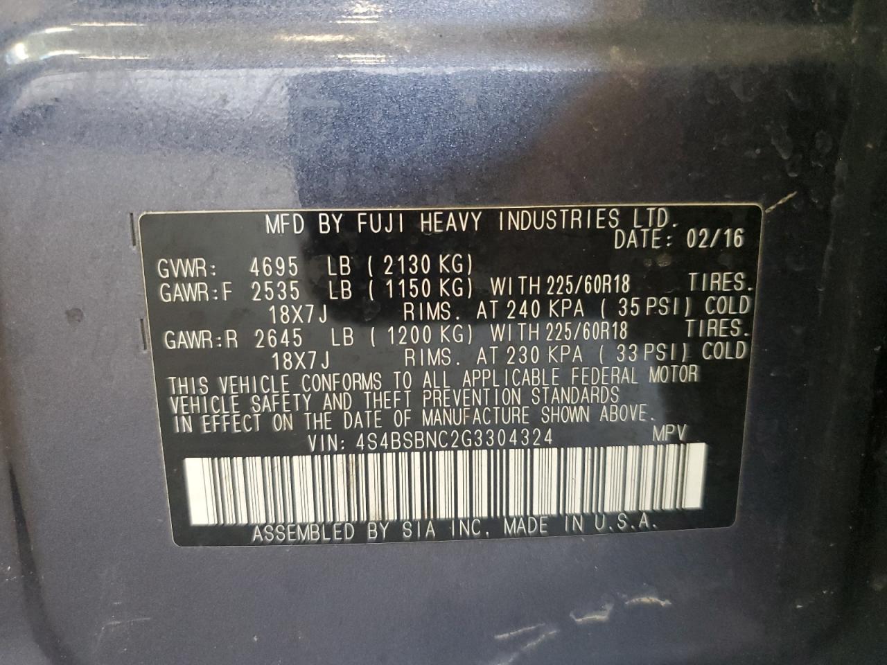 2016 Subaru Outback 2.5I Limited VIN: 4S4BSBNC2G3304324 Lot: 84546725