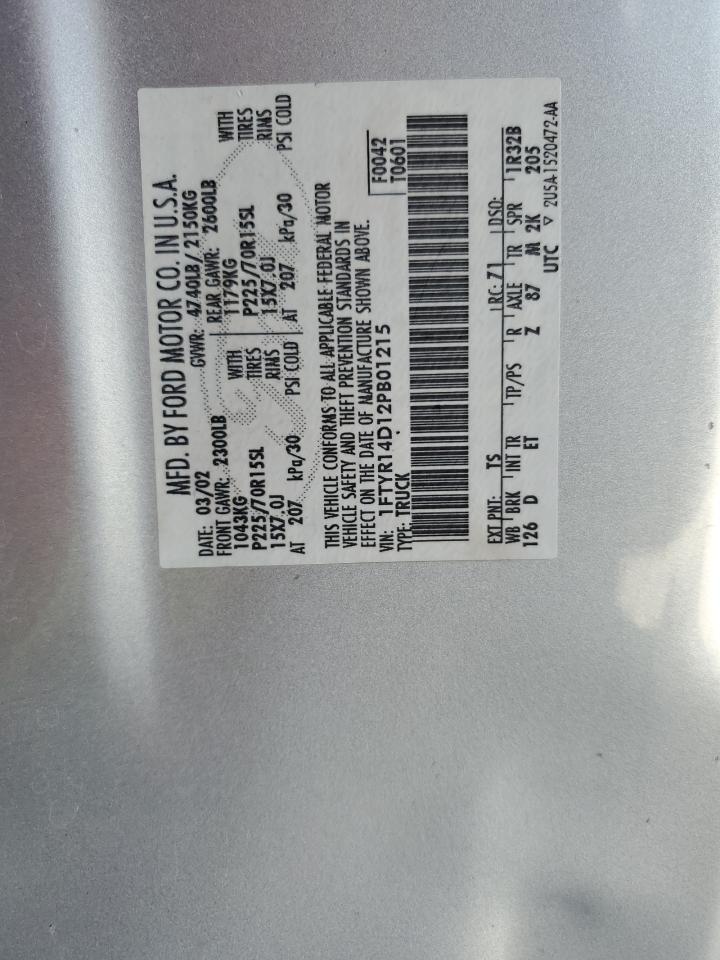 2002 Ford Ranger Super Cab VIN: 1FTYR14D12PB01215 Lot: 83826185
