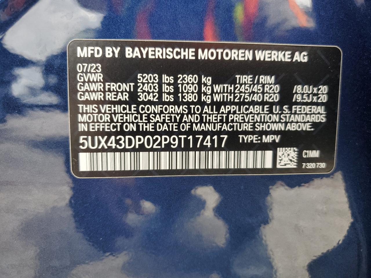 2023 BMW X3 Sdrive30I VIN: 5UX43DP02P9T17417 Lot: 71925595