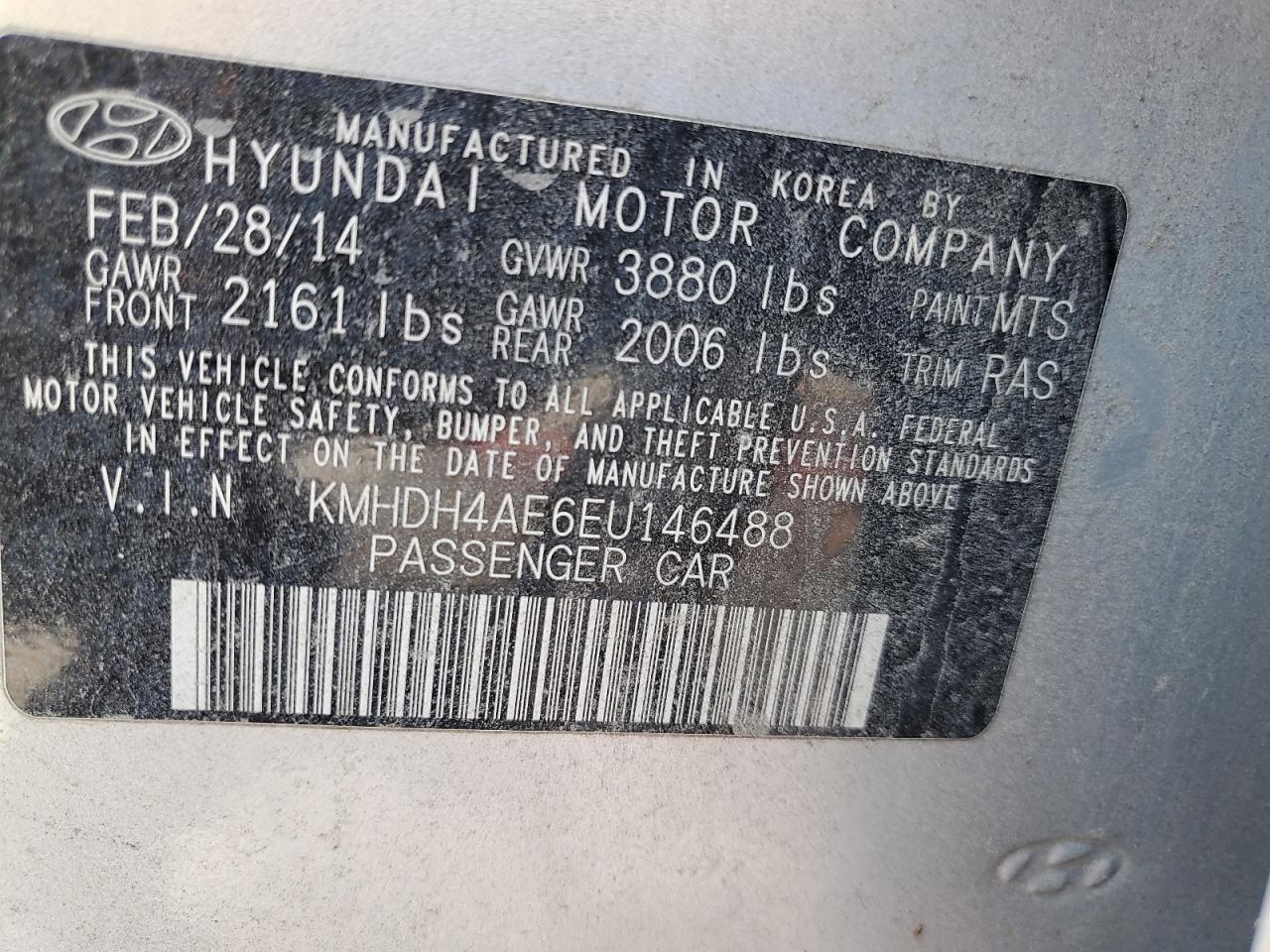 2014 Hyundai Elantra Se VIN: KMHDH4AE6EU146488 Lot: 71014755