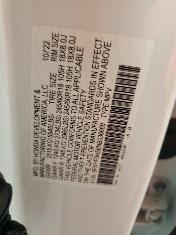 2022 Honda Pilot Exl VIN: 5FNYF5H58NB036669 Lot: 71261055