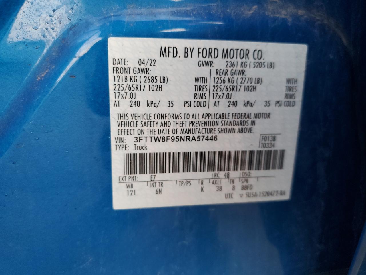 2022 Ford Maverick Xl VIN: 3FTTW8F95NRA57446 Lot: 72064375