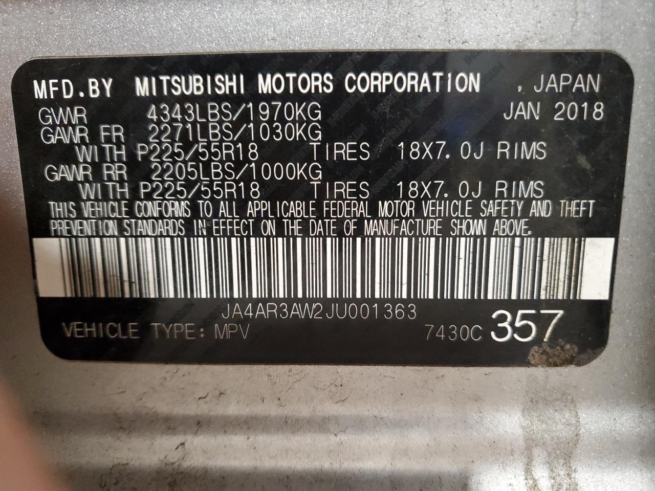 2018 Mitsubishi Outlander Sport Es VIN: JA4AR3AW2JU001363 Lot: 84293615