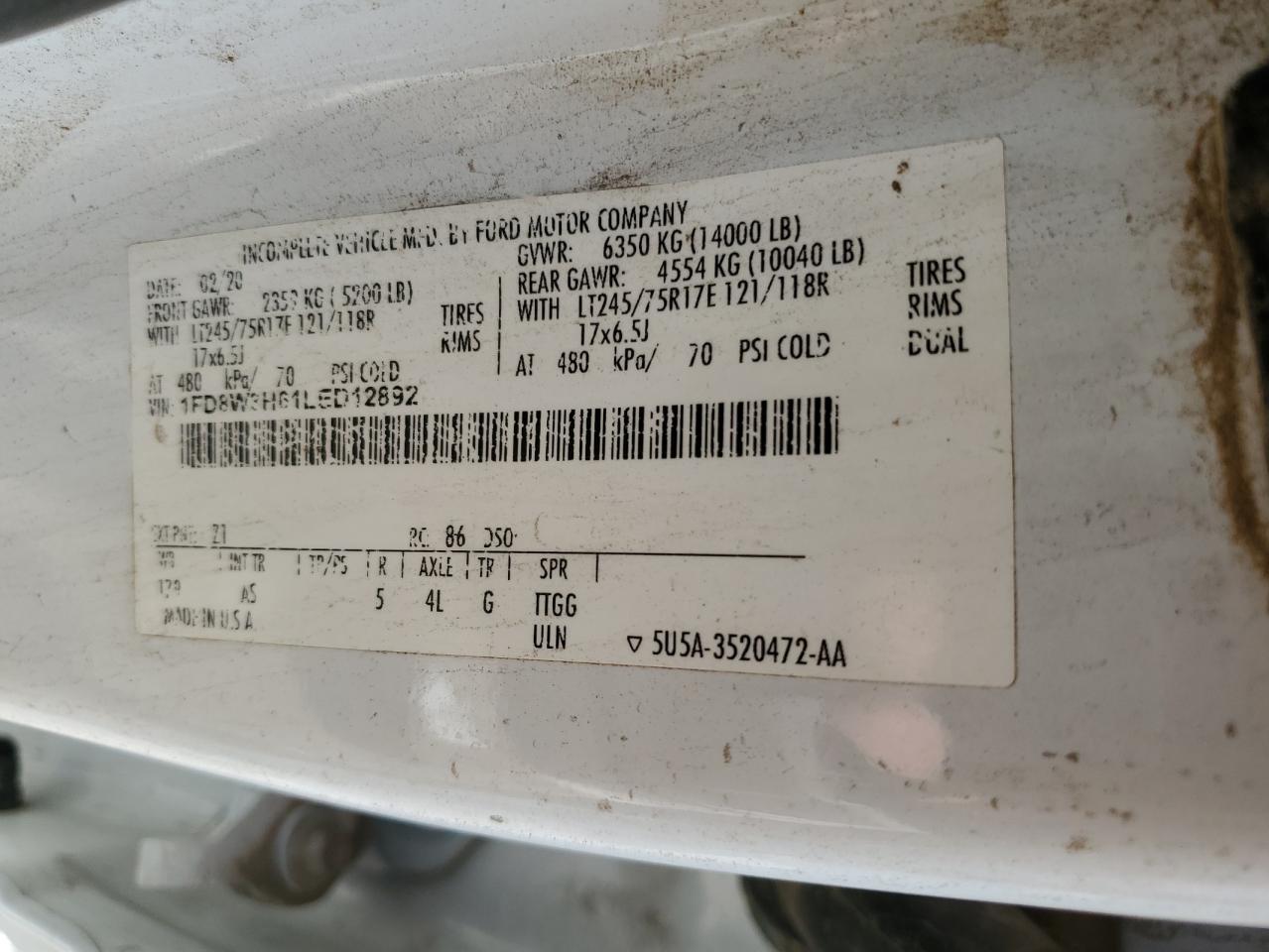 2020 Ford F350 Super Duty VIN: 1FD8W3H61LED12892 Lot: 80072695