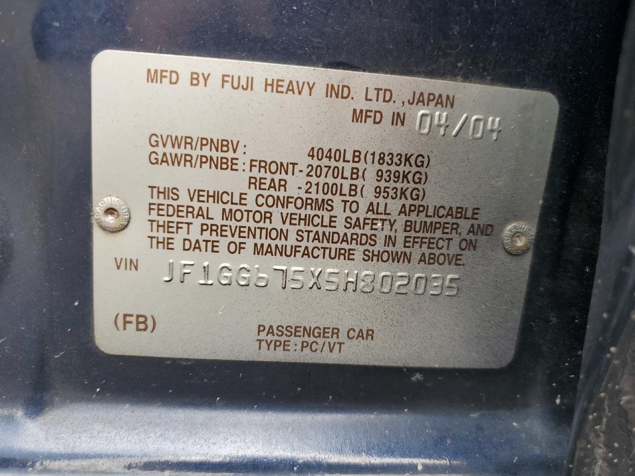 2005 Subaru Impreza Rs VIN: JF1GG675X5H802035 Lot: 71368855