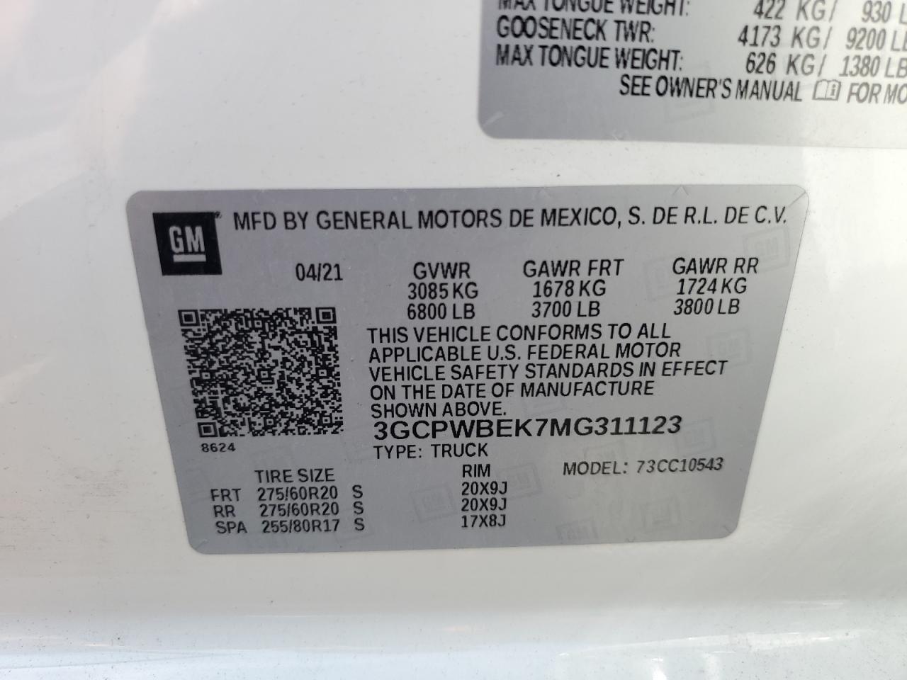 2021 Chevrolet Silverado C1500 Custom VIN: 3GCPWBEK7MG311123 Lot: 80922115