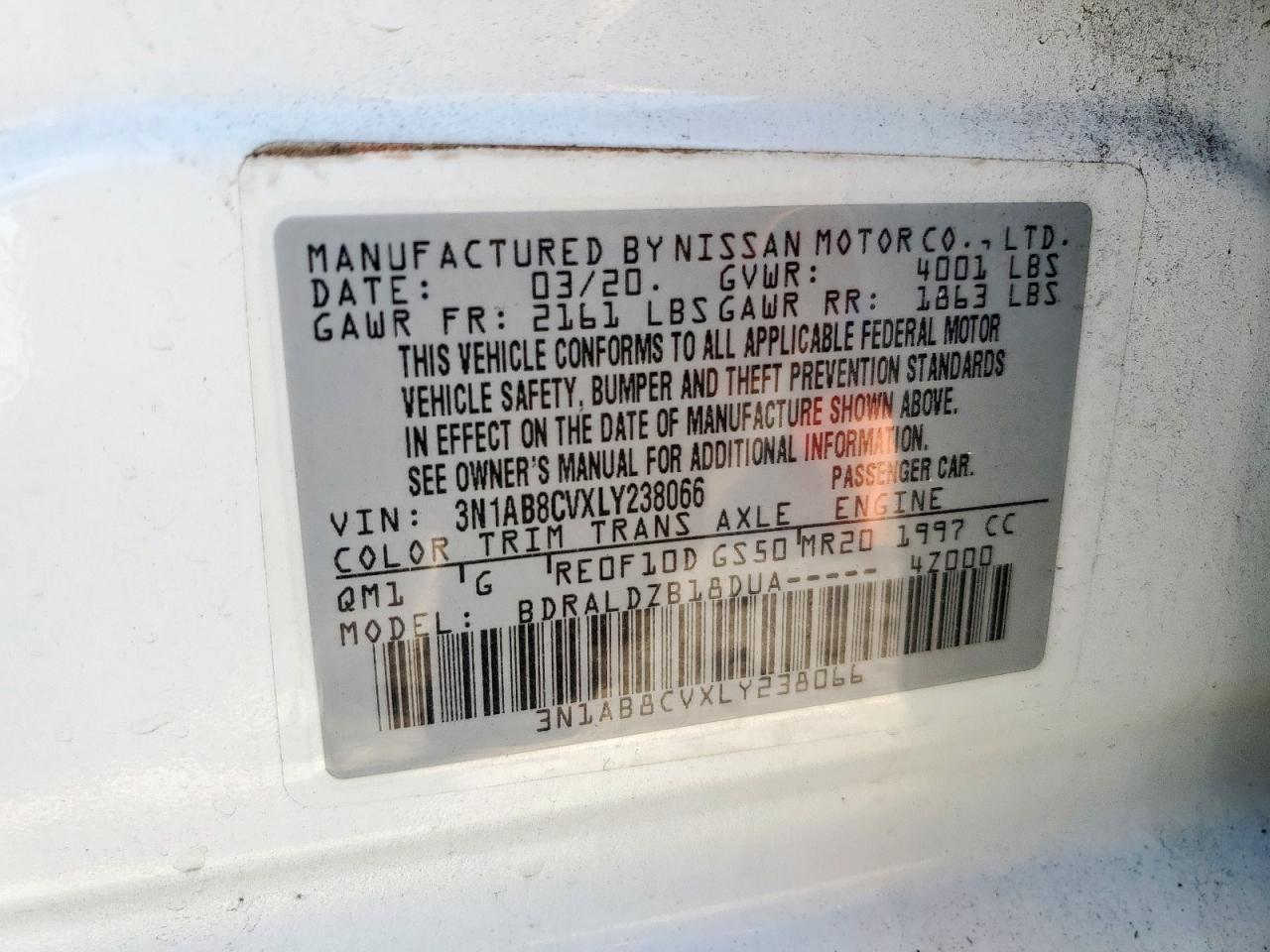2020 Nissan Sentra Sv VIN: 3N1AB8CVXLY238066 Lot: 80021195