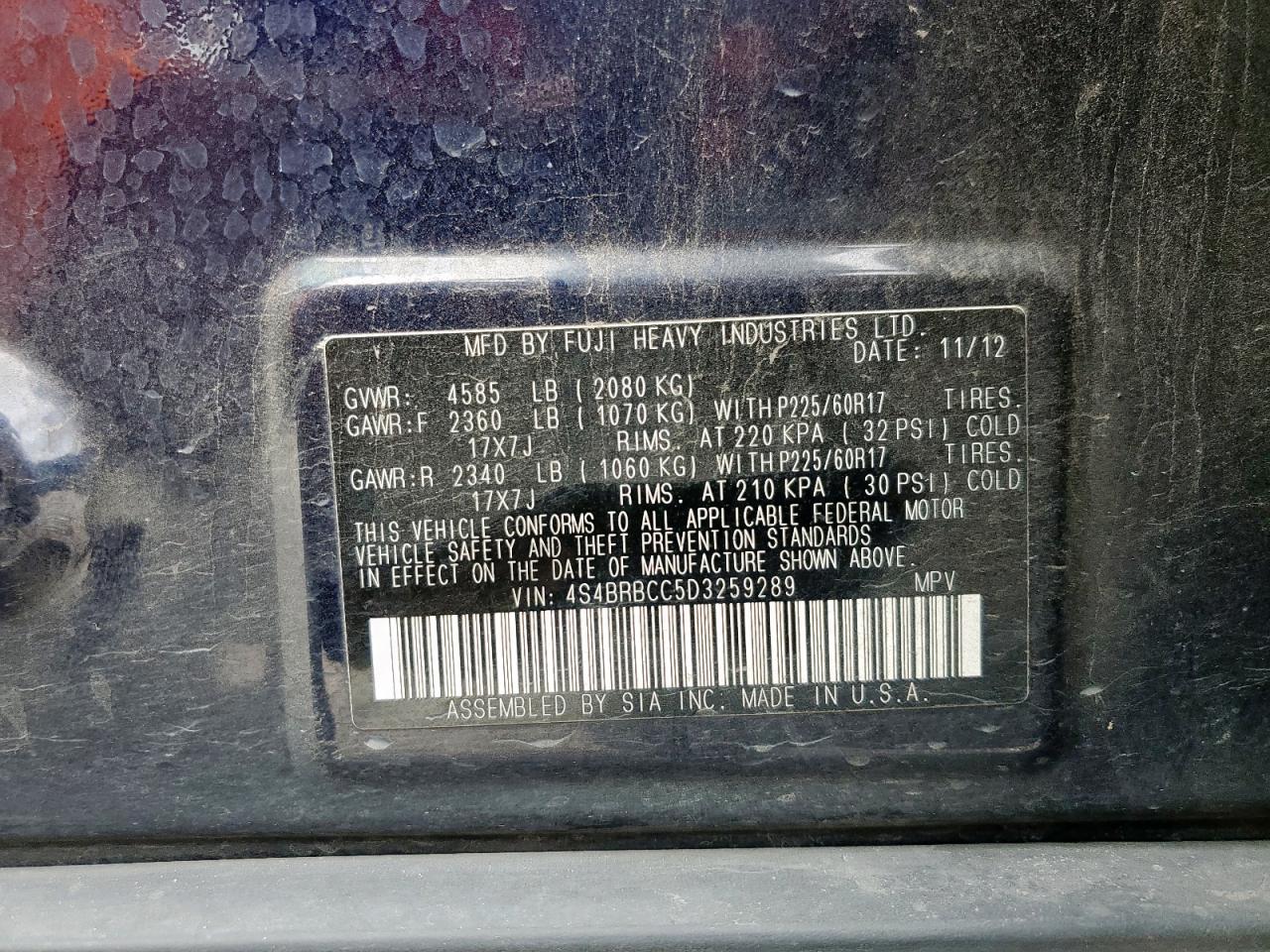 2013 Subaru Outback 2.5I Premium VIN: 4S4BRBCC5D3259289 Lot: 82168325