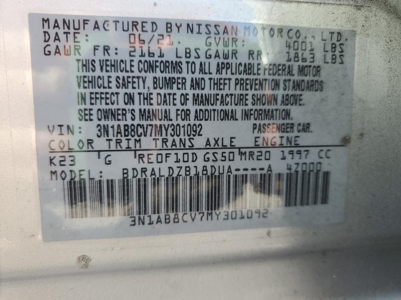 2021 Nissan Sentra Sv VIN: 3N1AB8CV7MY301092 Lot: 80837965