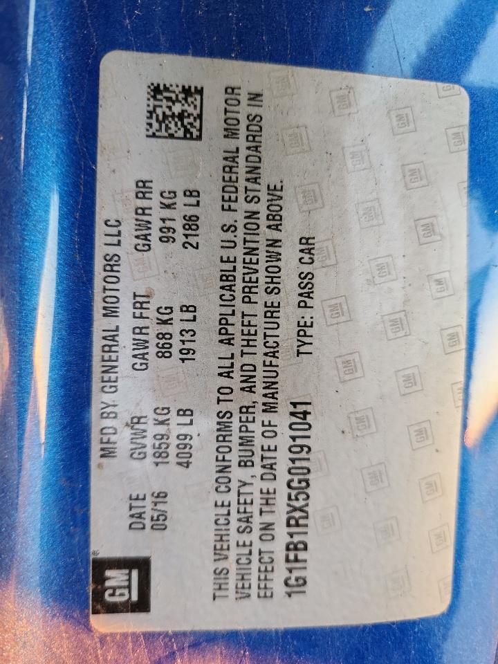 2016 Chevrolet Camaro Lt VIN: 1G1FB1RX5G0191041 Lot: 83772915