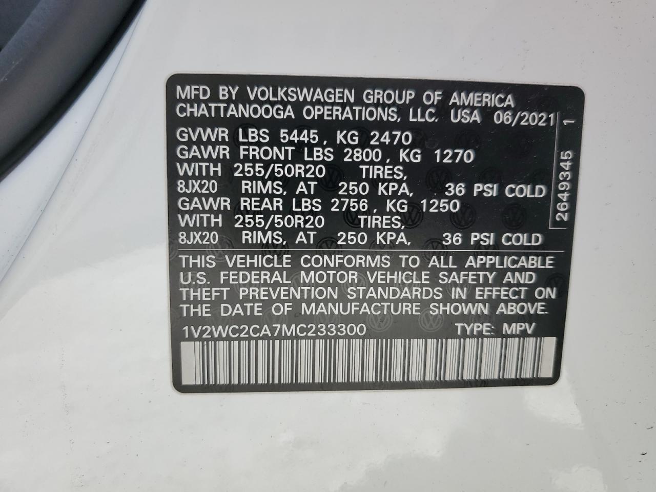 2021 Volkswagen Atlas Cross Sport Se VIN: 1V2WC2CA7MC233300 Lot: 81755195