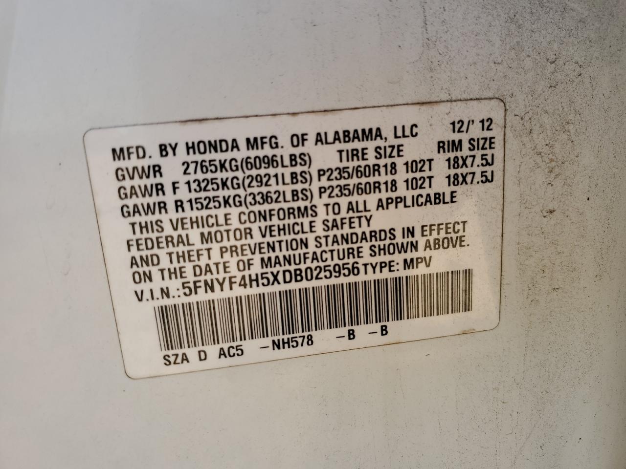 2013 Honda Pilot Exl VIN: 5FNYF4H5XDB025956 Lot: 80207165